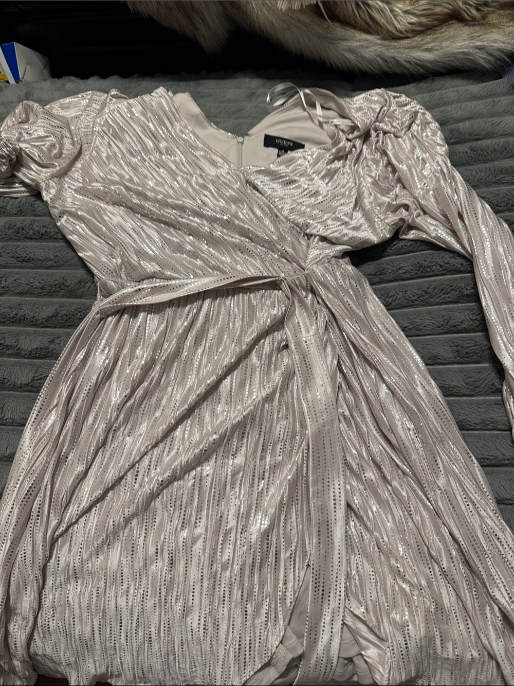 Guess Metallic Light Silver Long-Sleeve Pleated Wrap Dress